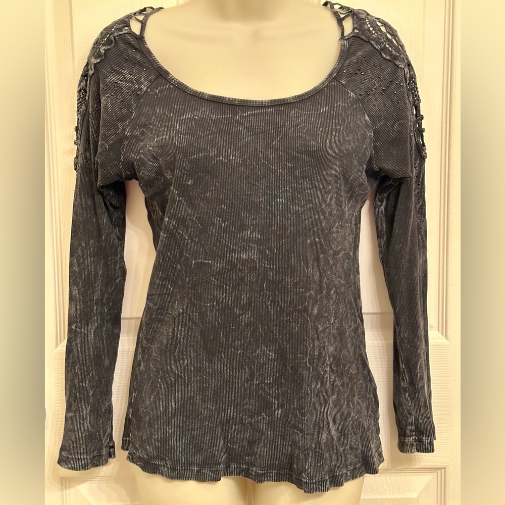 Distressed Black/Grey shirt. Shoulder cutouts/rhinestone detail.